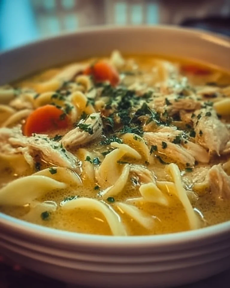 Bowl of cheesy chicken noodle soup with vegetables and noodles