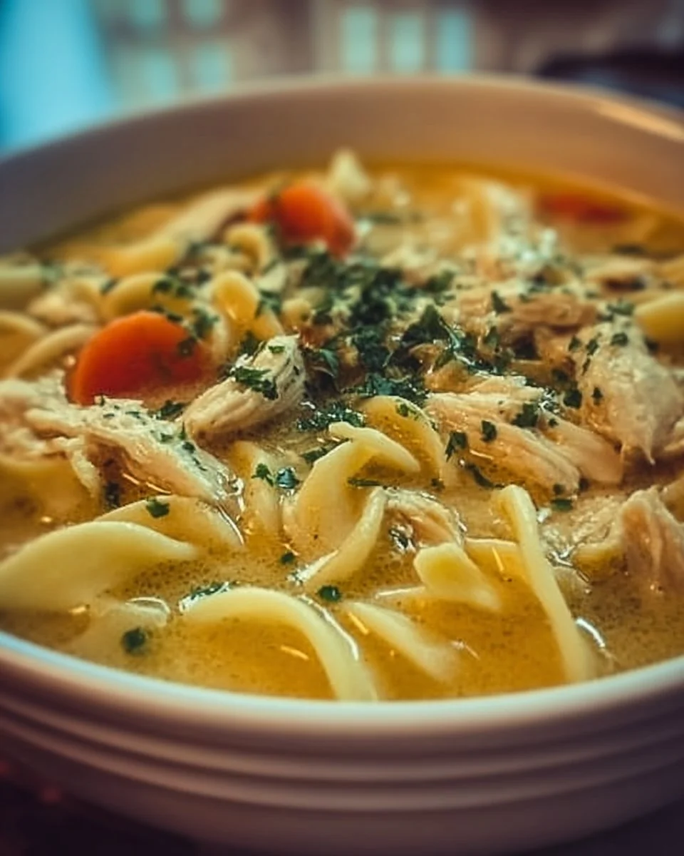 Bowl of cheesy chicken noodle soup with vegetables and noodles