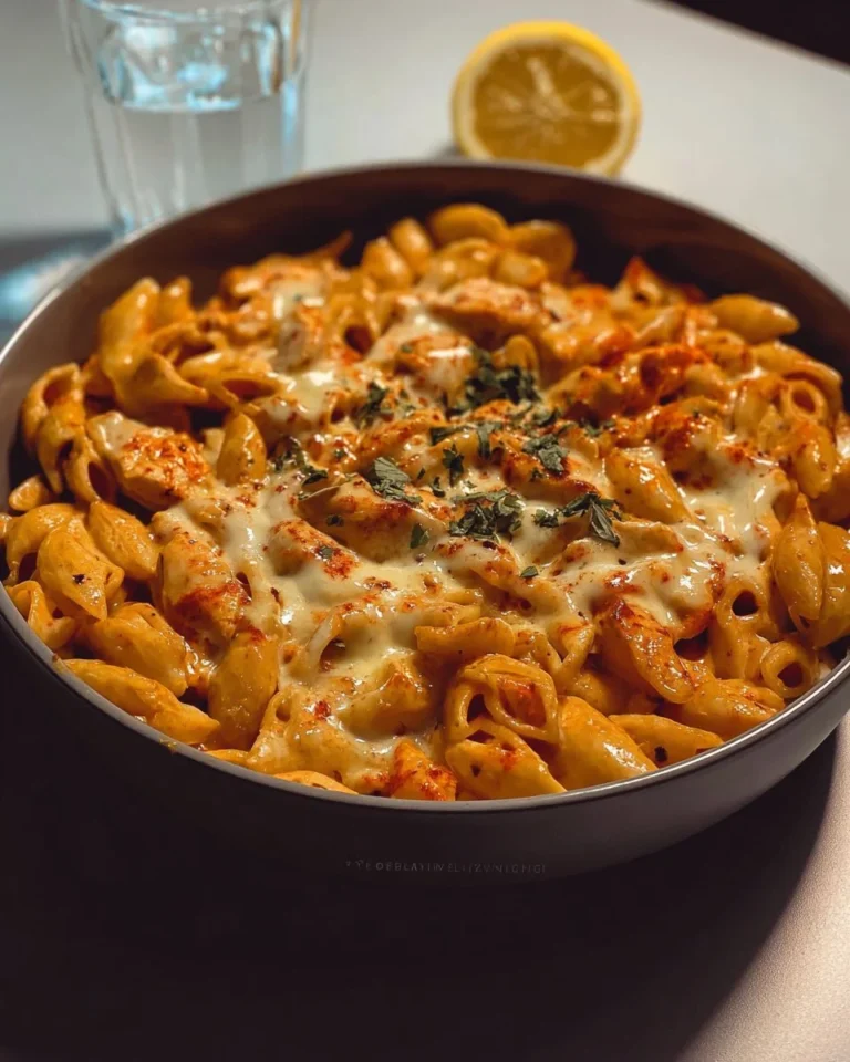 Bowl of cheesy chicken pasta prepared with creamy sauce and chicken pieces.