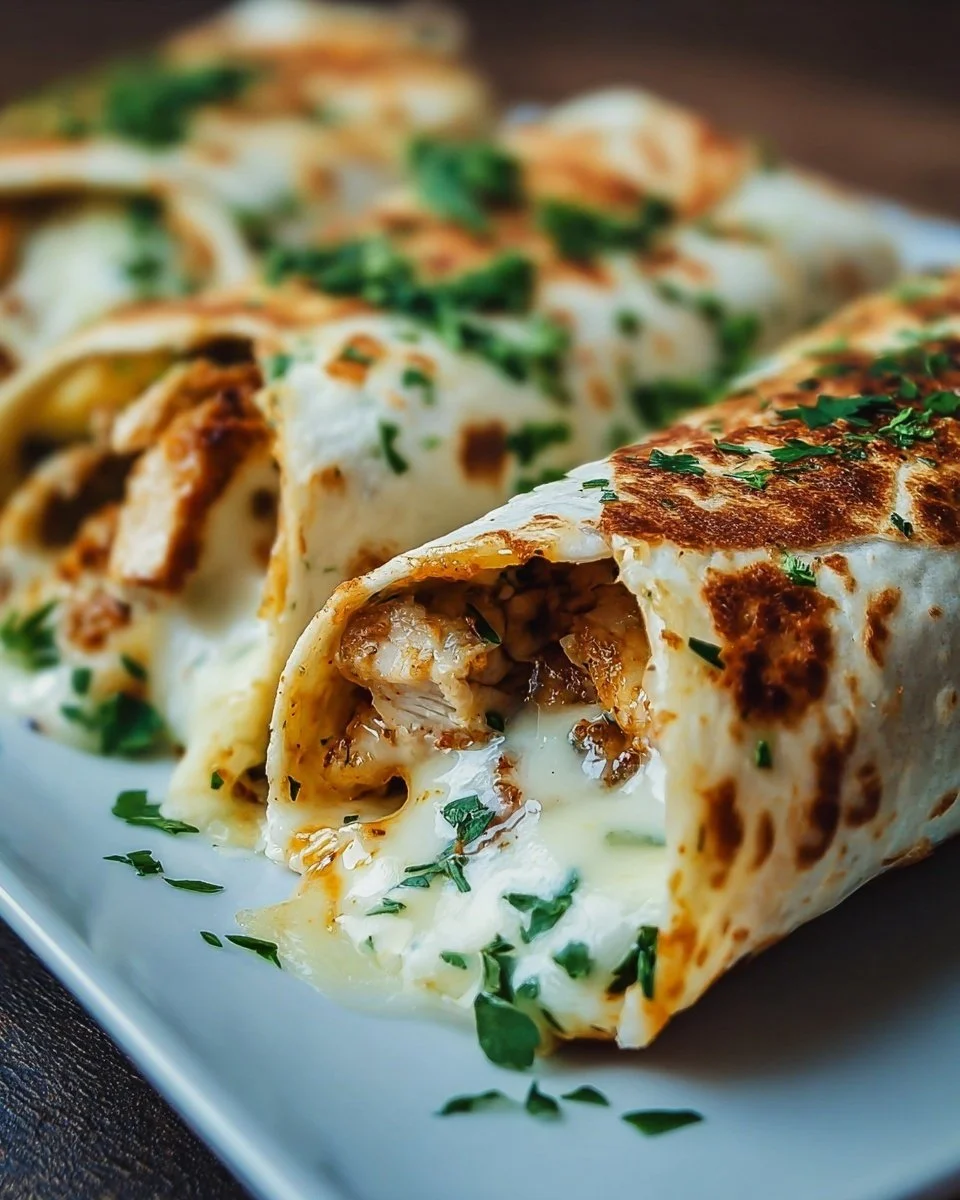 Cheesy garlic chicken wraps filled with fresh ingredients and melted cheese