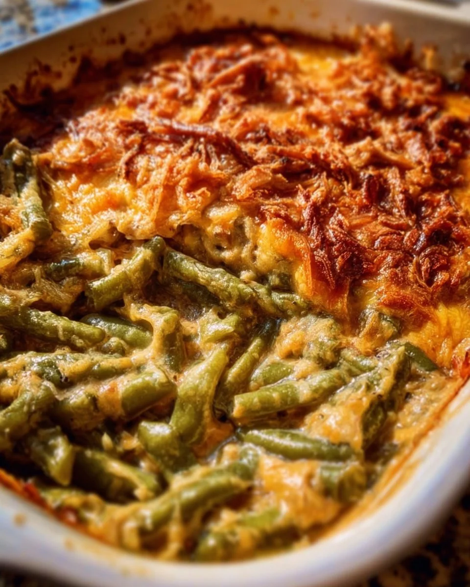 Cheesy green bean casserole topped with crispy onions