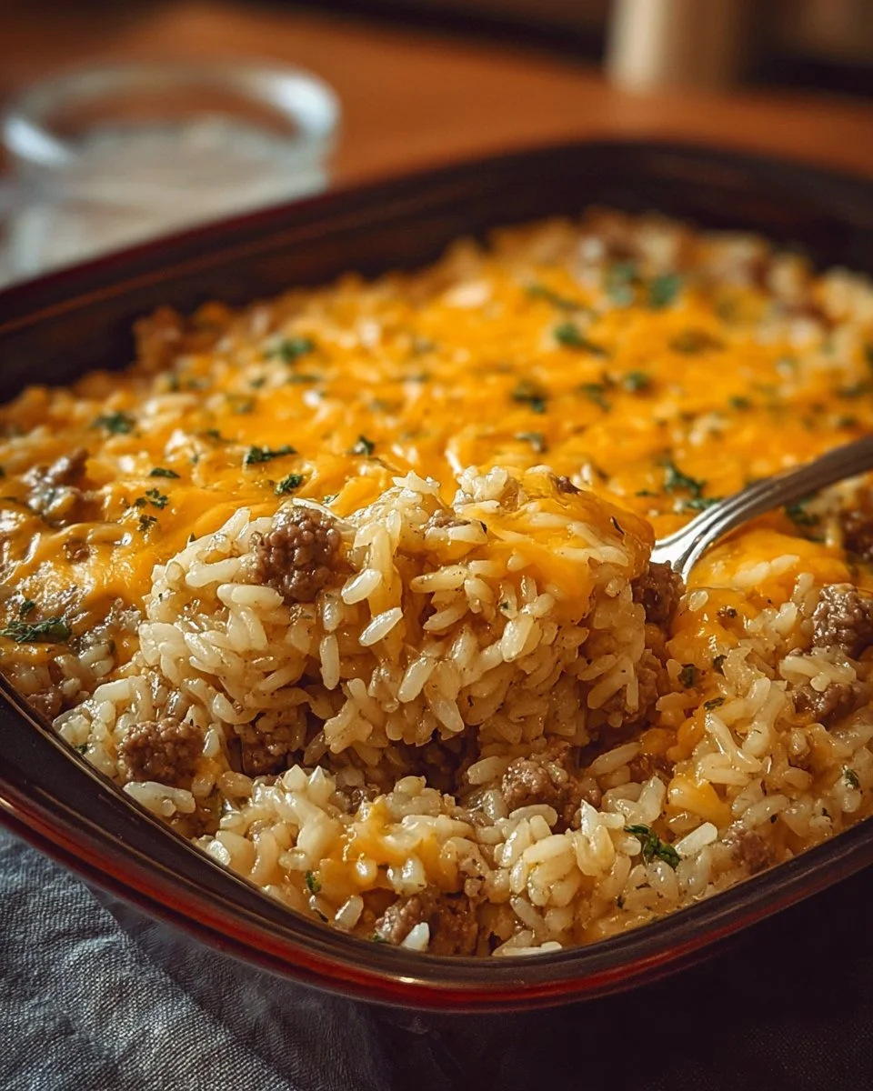 Cheesy Hamburger Rice Casserole served in a bowl with melted cheese on top