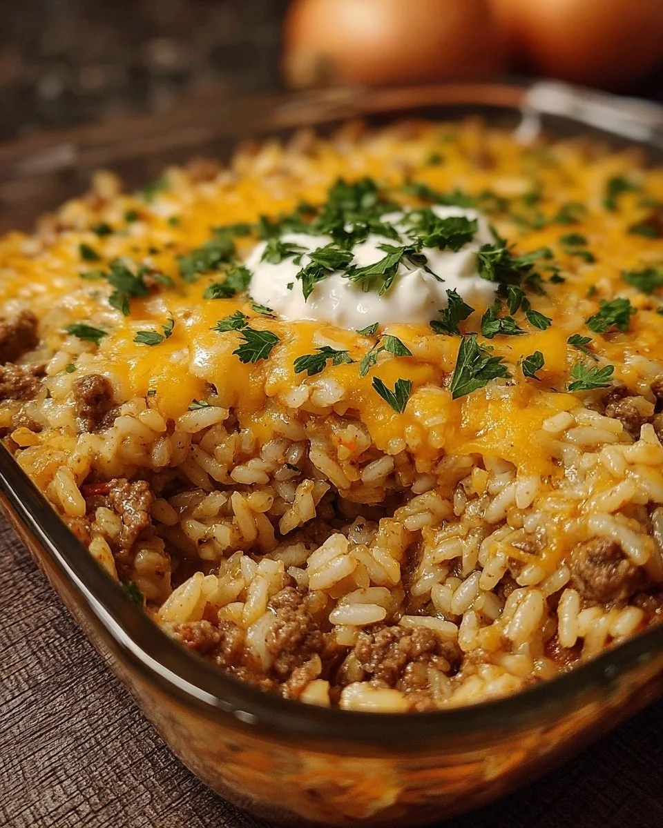 Cheesy Hamburger Rice Casserole dish garnished with herbs