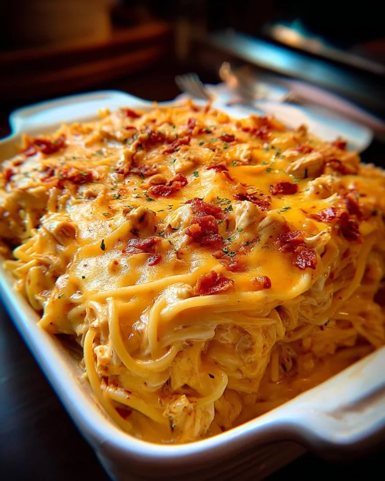 Cheesy Southern Chicken Spaghetti Casserole topped with herbs and cheese