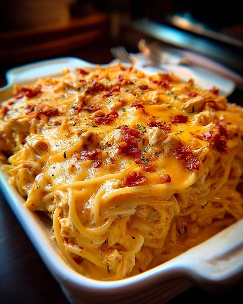 Cheesy Southern Chicken Spaghetti Casserole topped with herbs and cheese