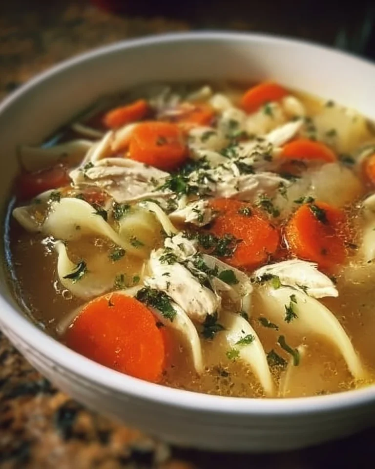 Bowl of Chick-fil-A inspired chicken noodle soup with noodles and vegetables
