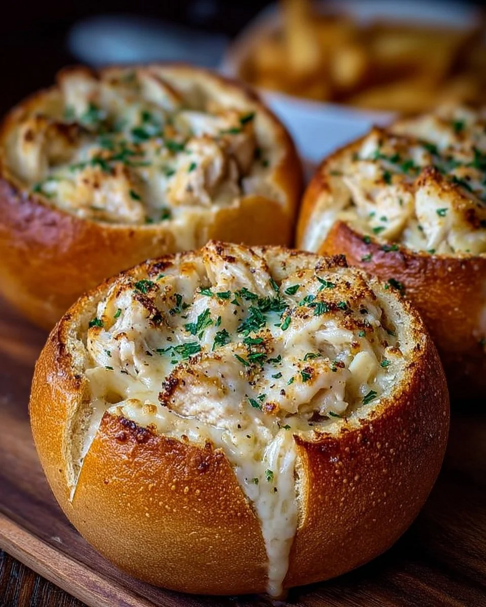 Delicious Chicken Alfredo Garlic Bread Bowls filled with creamy pasta and garlic bread