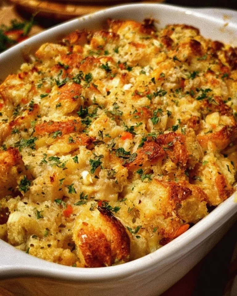Delicious Chicken and Stuffing Casserole topped with golden brown breadcrumbs