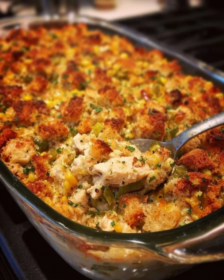 Delicious Chicken and Stuffing Casserole topped with herbs and golden brown crust.