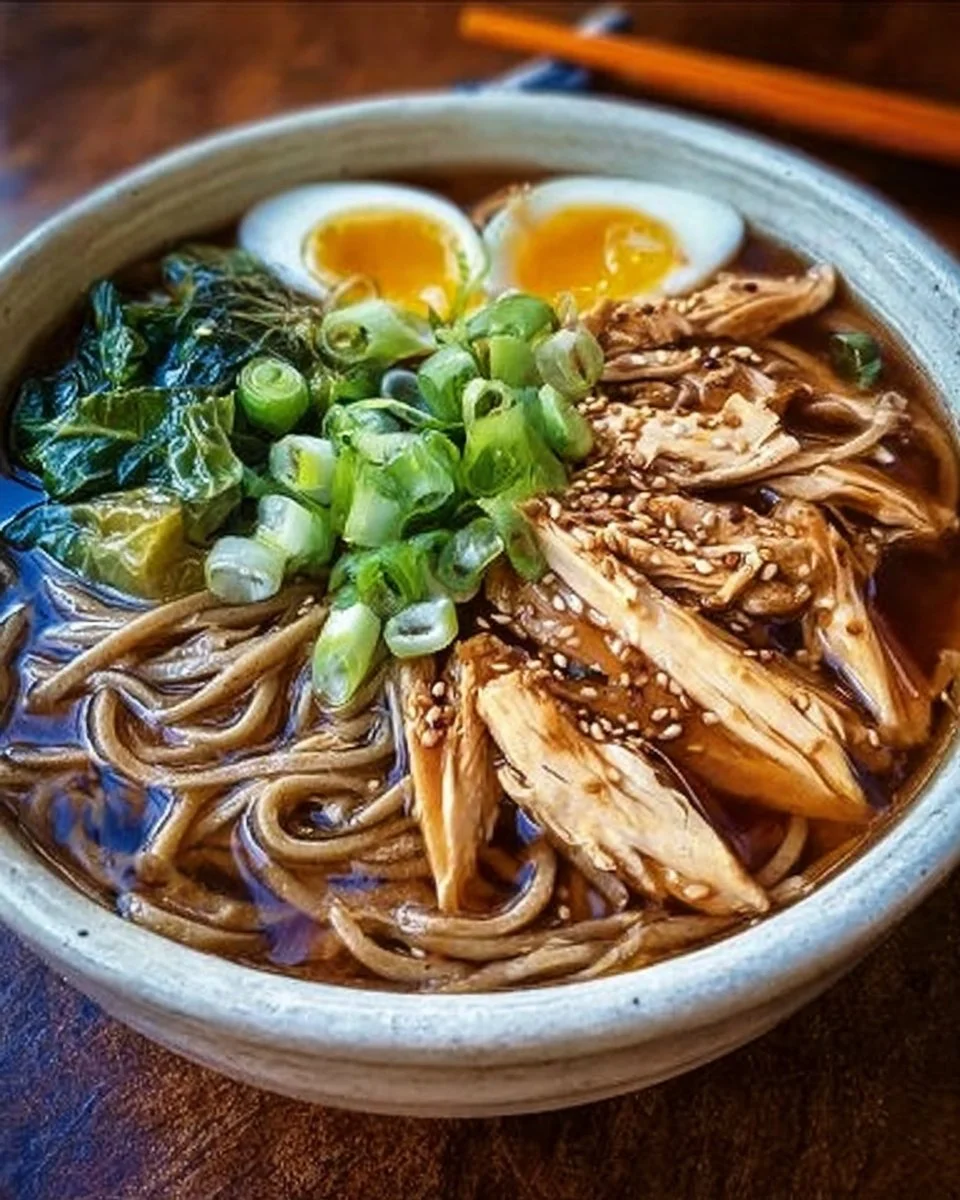 Delicious bowl of Chicken Cabbage Soba Noodle Soup with fresh vegetables and noodles