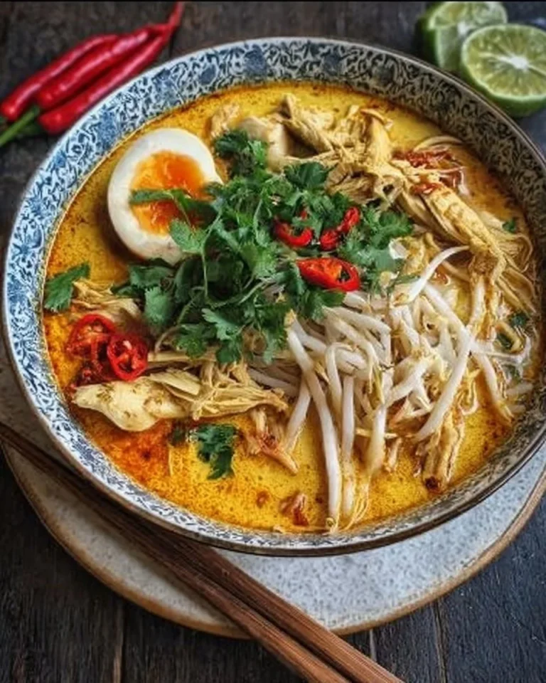 Delicious bowl of Chicken Laksa Noodle Soup garnished with herbs and lime