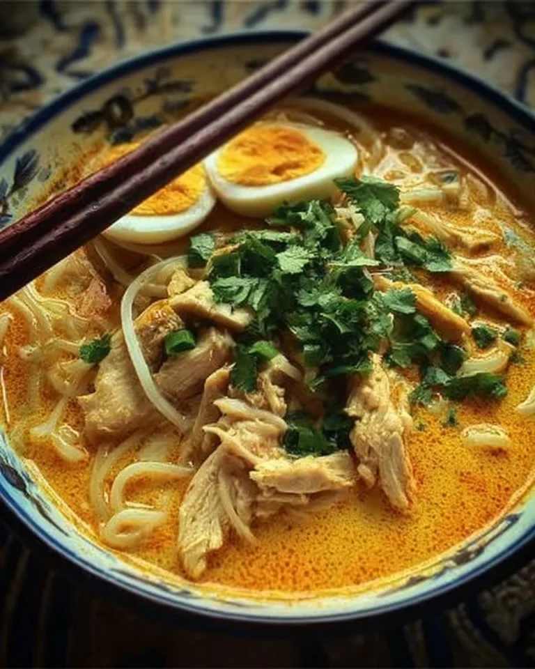 Bowl of Chicken Laksa Noodle Soup with toppings and herbs