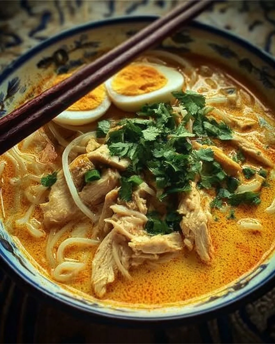 Bowl of Chicken Laksa Noodle Soup with toppings and herbs