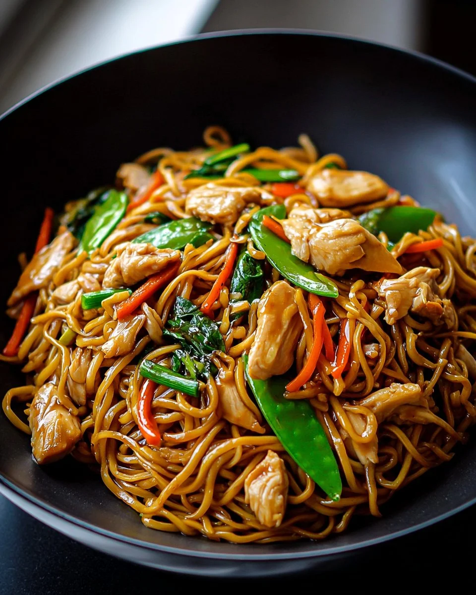 Homemade Chicken Lo Mein served in a bowl with colorful vegetables