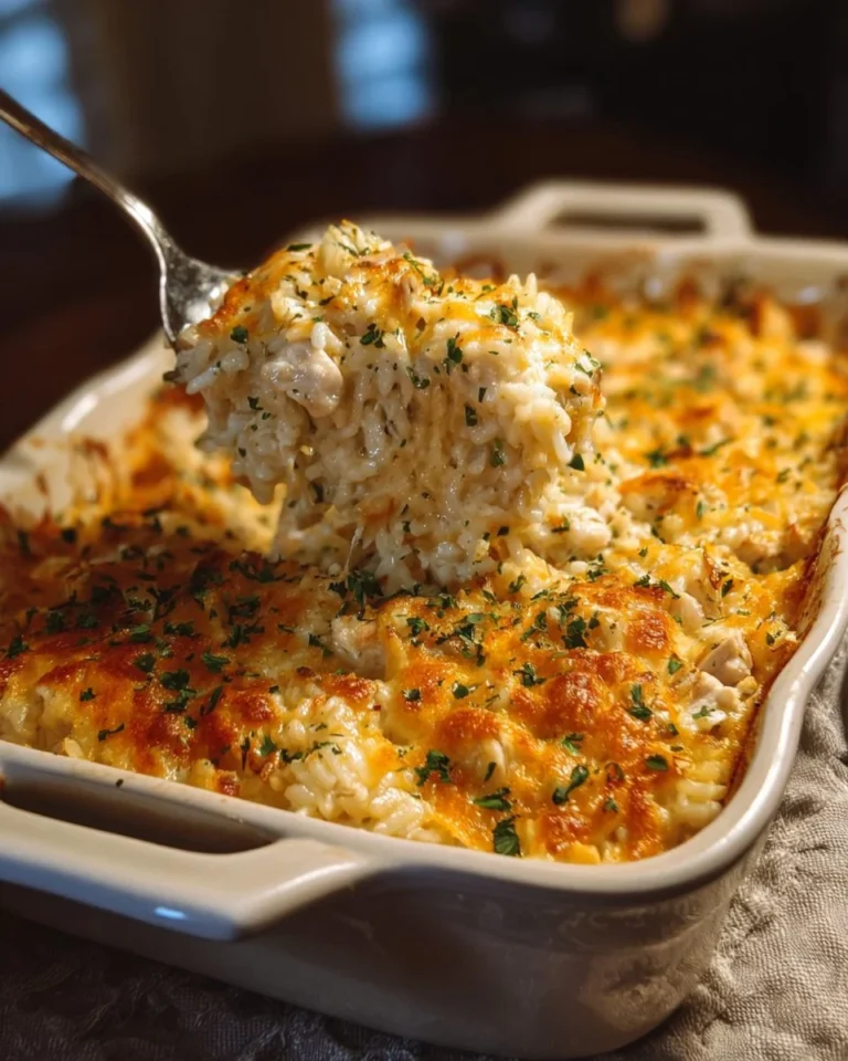 Delicious Chicken Rice Casserole served in a baking dish with herbs on top.