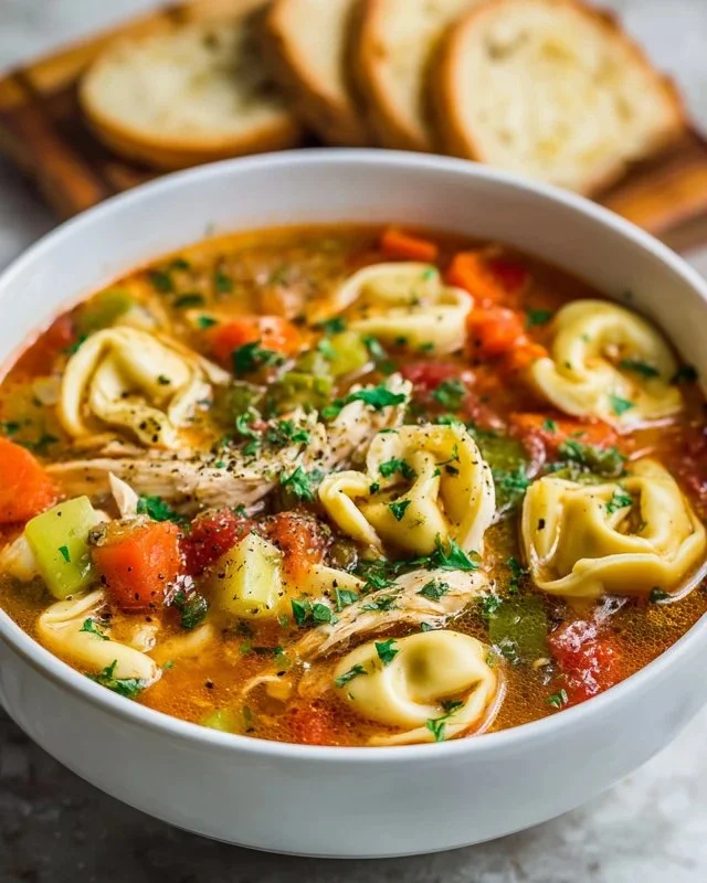 Delicious Chicken Tortellini Soup in a bowl with fresh herbs