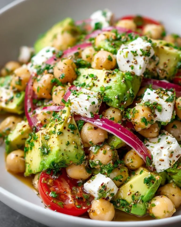Chickpea Feta Avocado Salad with fresh ingredients on a plate