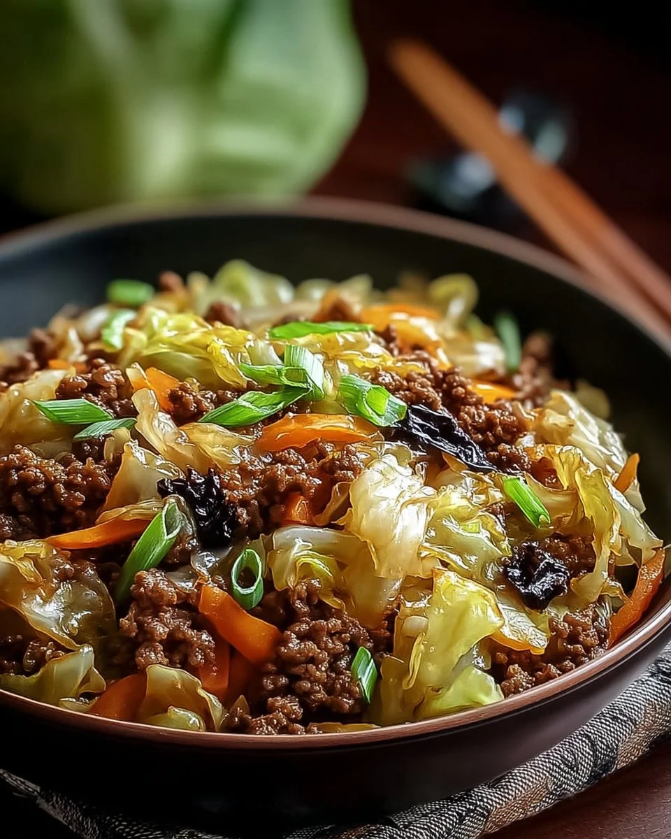 Chinese ground beef and cabbage stir-fry in a skillet with colorful vegetables.