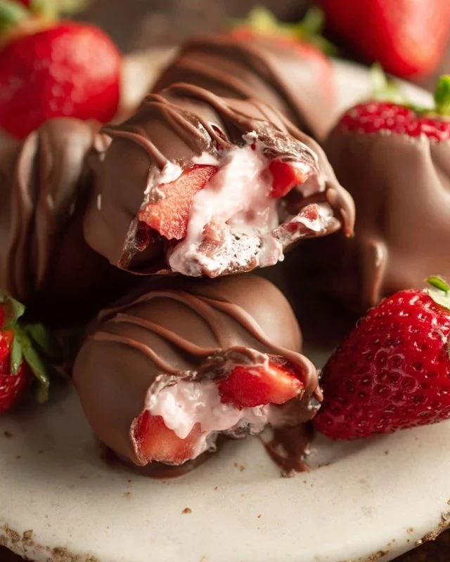 Homemade chocolate strawberry yogurt clusters on a plate.