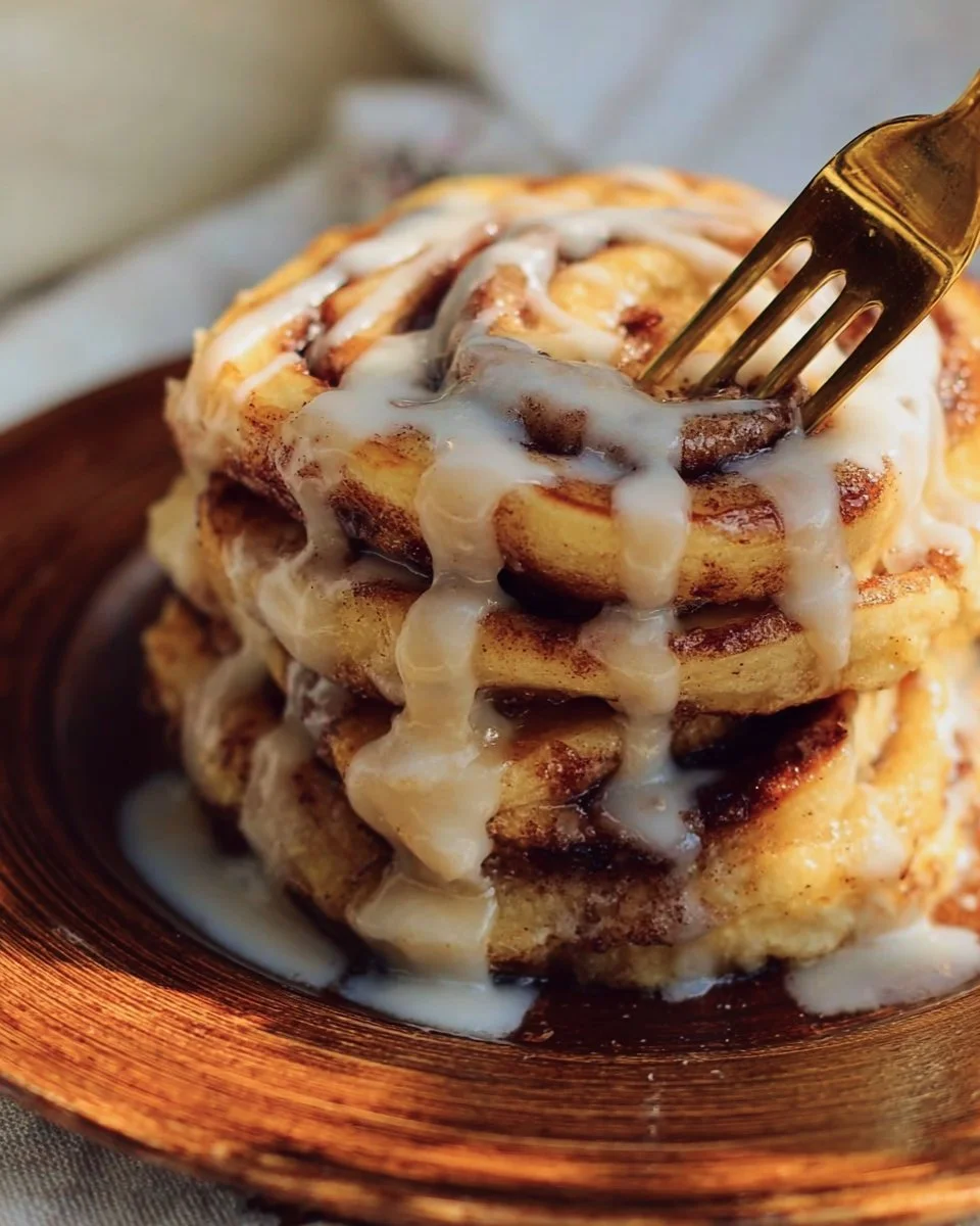 Fluffy cinnamon roll pancakes drizzled with icing and topped with cinnamon sugar