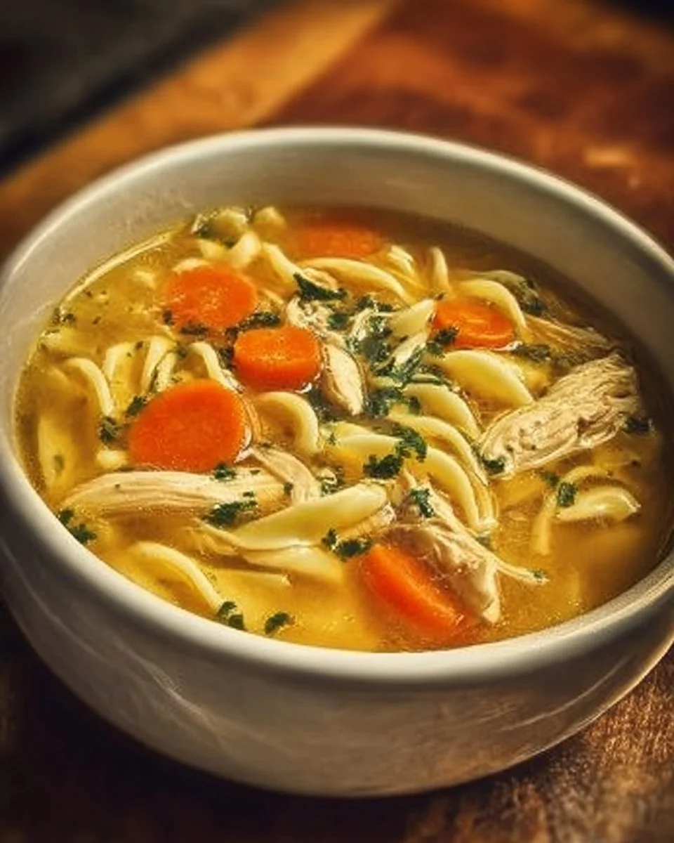 Bowl of Classic Chicken Noodle Soup with vegetables and herbs