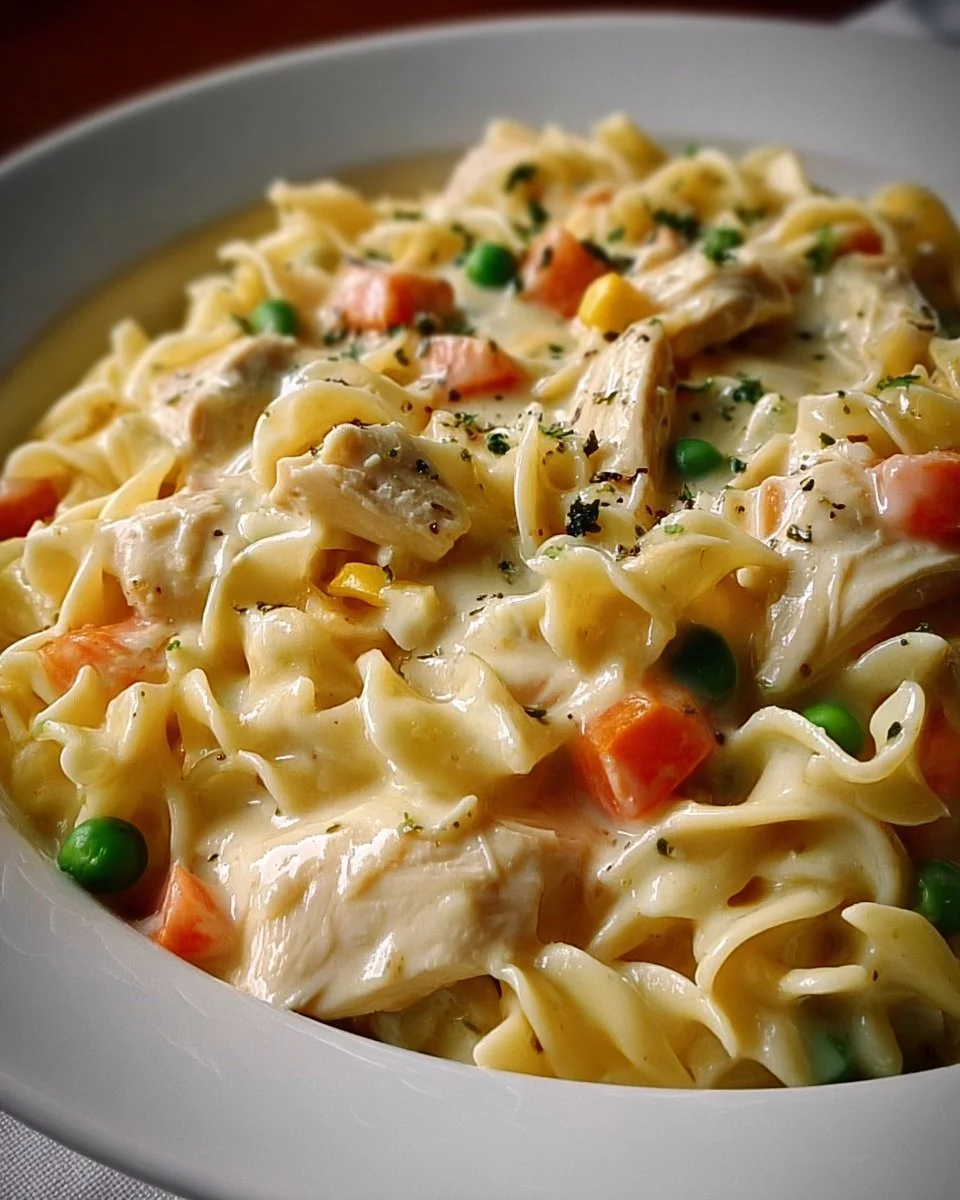 A creamy chicken pot pie pasta topped with herbs and flaky pastry
