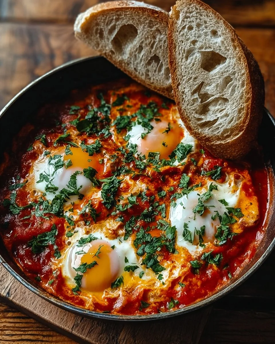 Serving of classic Shakshuka with sourdough bread on a rustic table.