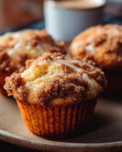 Delicious homemade coffee cake muffins on a wooden table