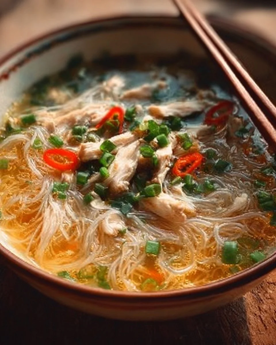 Bowl of comforting chicken glass noodle soup with fresh herbs and vegetables