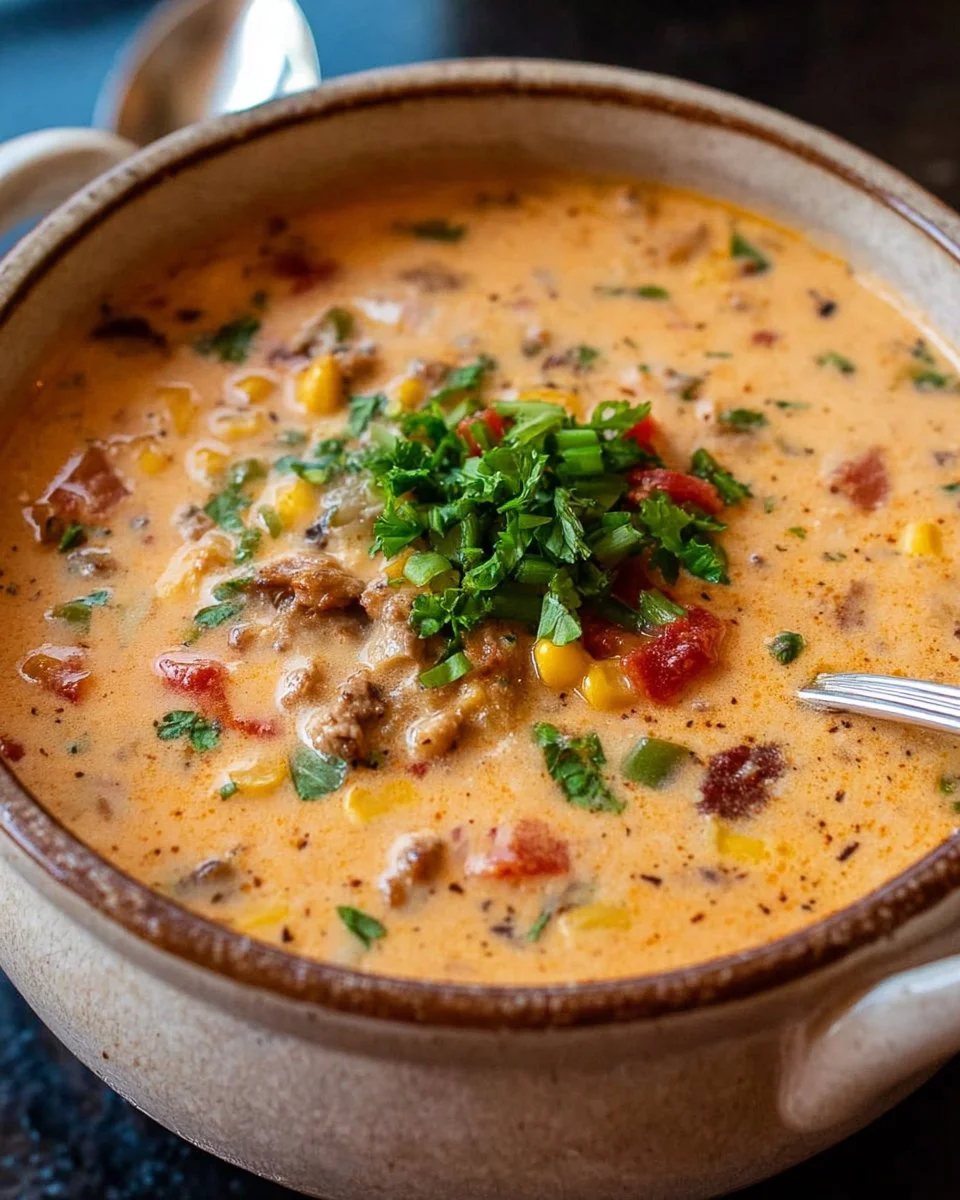 Bowl of hearty Cowboy Soup with vegetables and spices