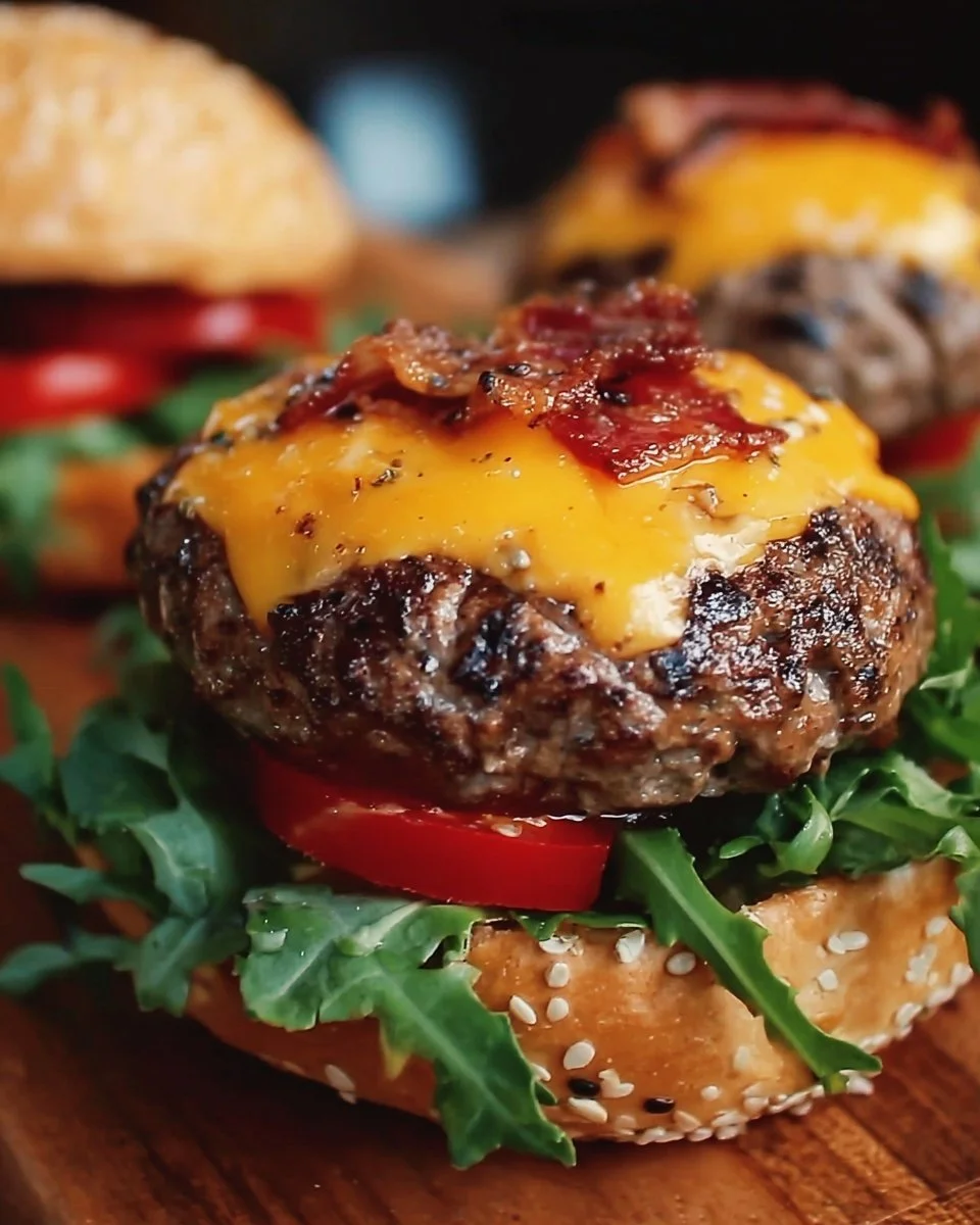 Delicious Crack Burgers served on a wooden plate with toppings.