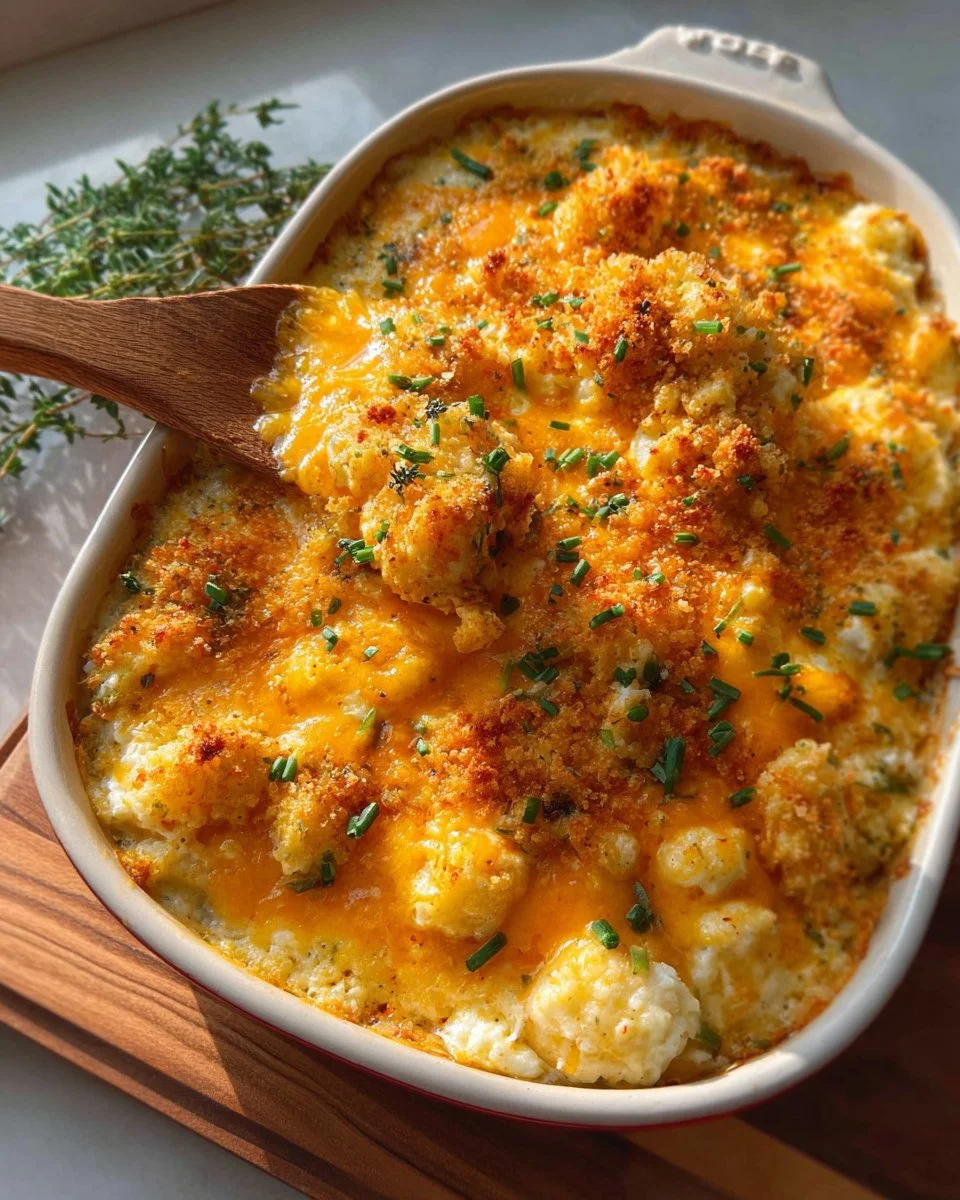 Delicious Crack Chicken Casserole topped with cheese and herbs