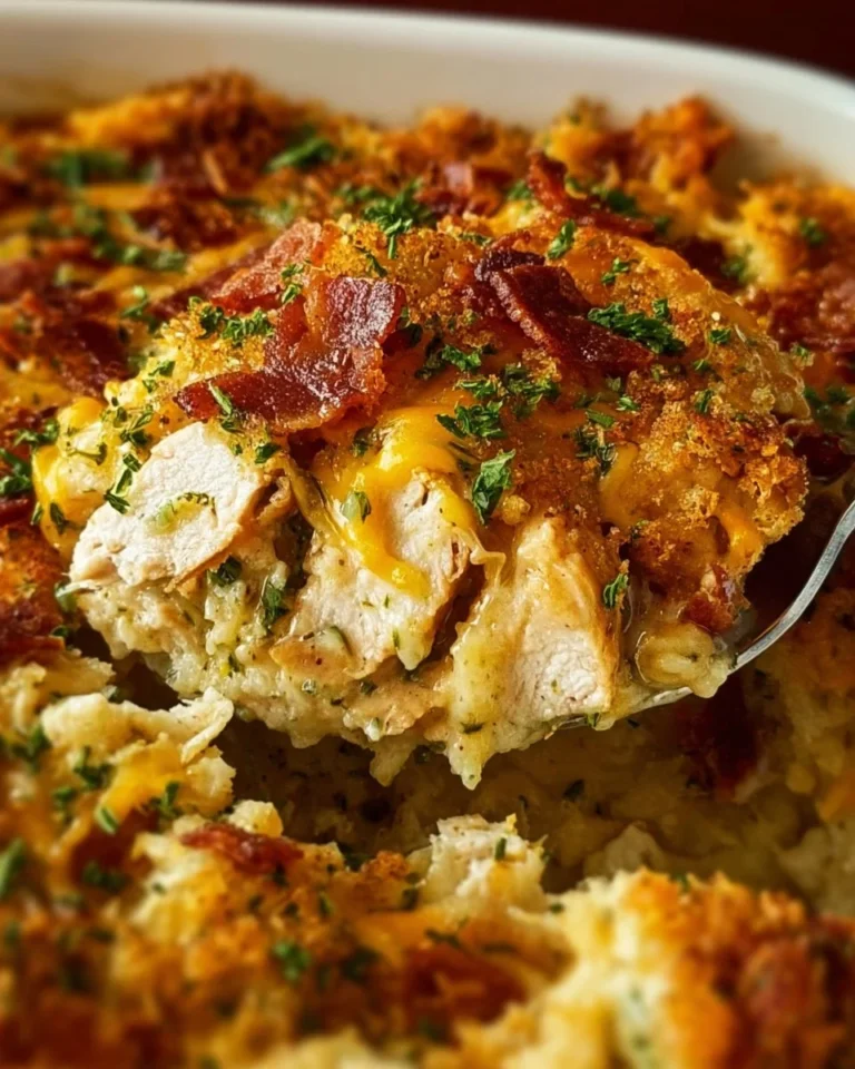 Delicious Crack Chicken Casserole topped with melted cheese and herbs