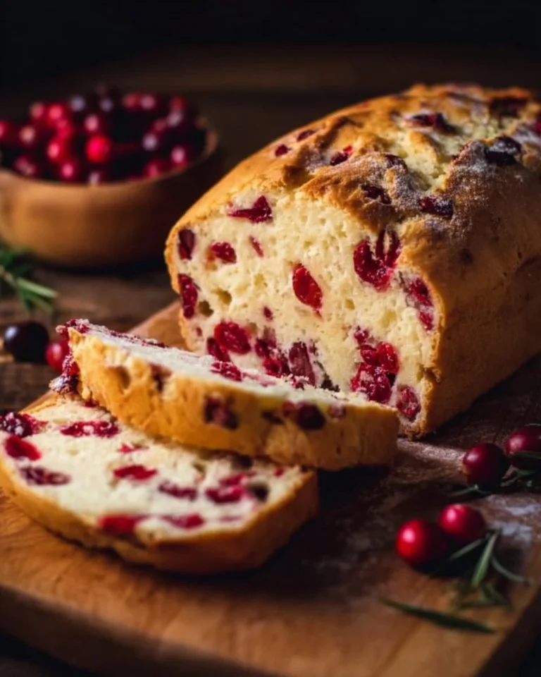 Freshly baked cranberry bread with vibrant cranberries and a golden crust.