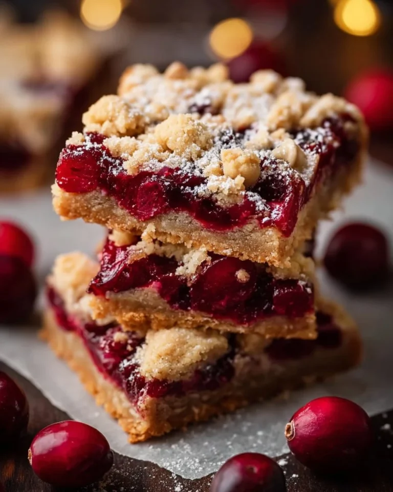 Homemade cranberry crumble bars with a golden topping and fresh cranberries