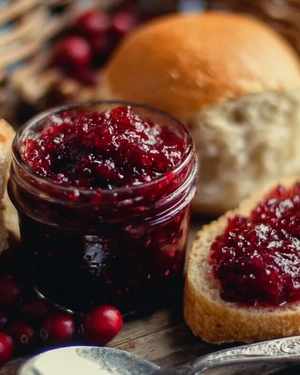 Jar of homemade cranberry jam with fresh berries and herbs decoration