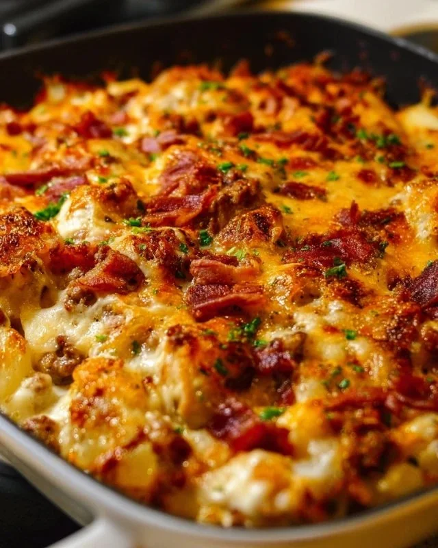 Delicious Crazy Good Casserole served in a baking dish with colorful ingredients.