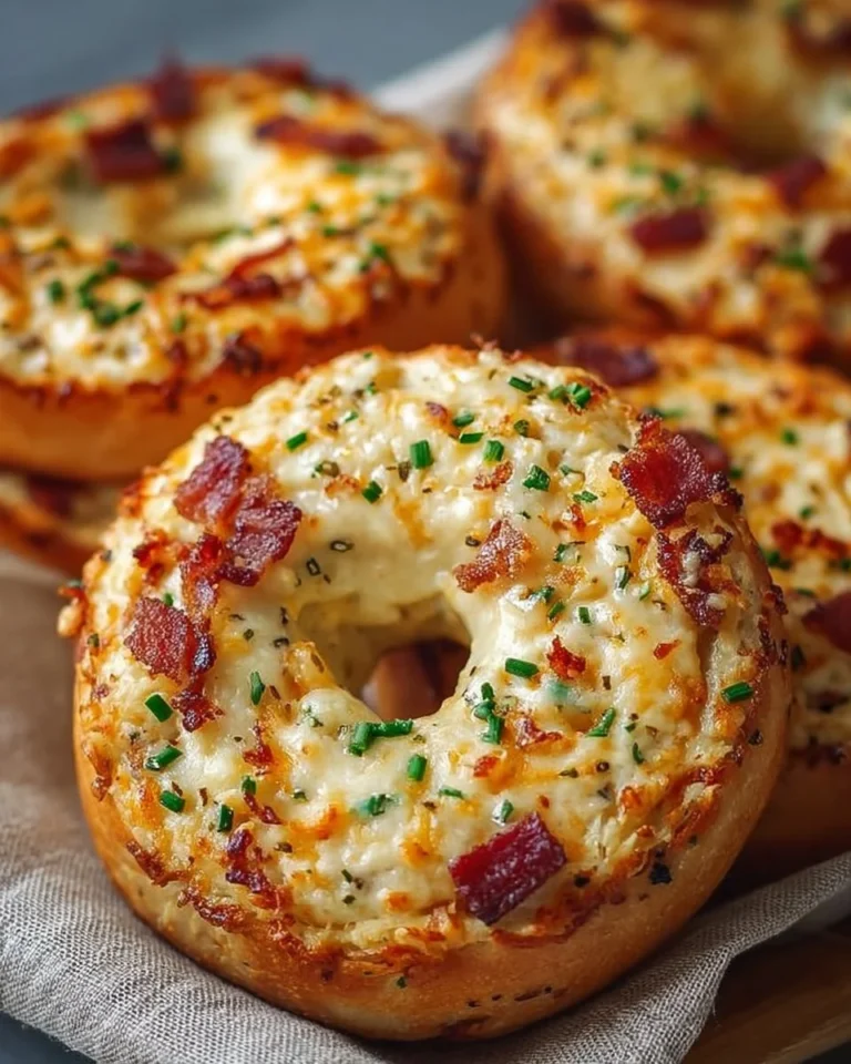 Creamy bacon cheddar bagels topped with melted cheese and crispy bacon