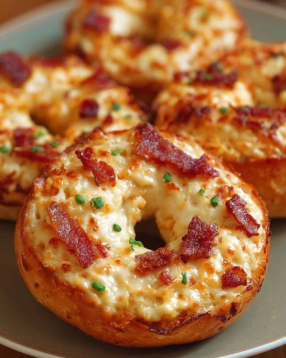 Creamy bacon cheddar bagels topped with crispy bacon and melted cheese