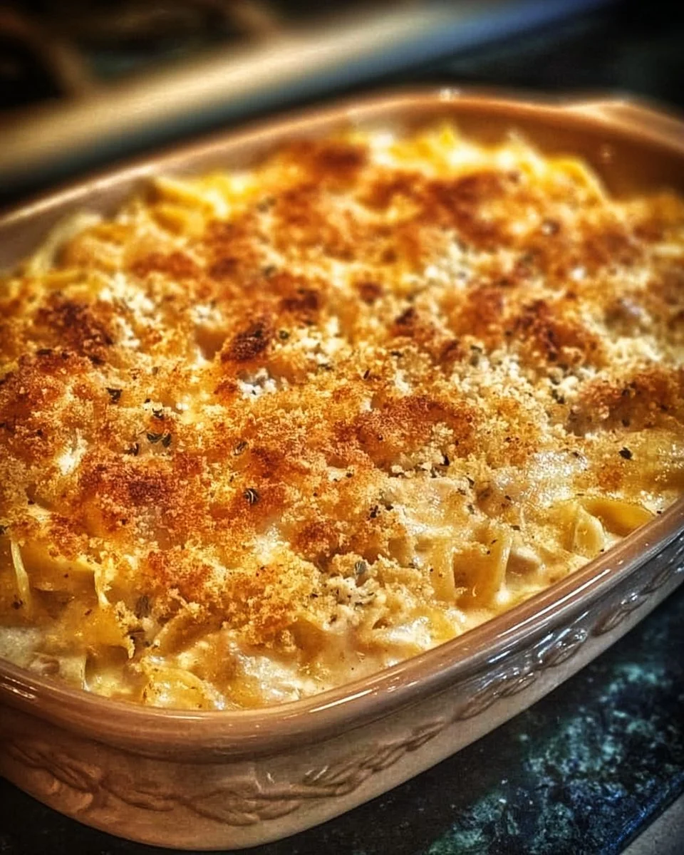 Creamy Campbell's Soup Casserole topped with cheese and herbs
