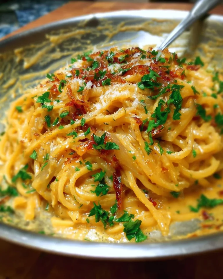 Creamy caramelized onion pasta dish garnished with fresh herbs.