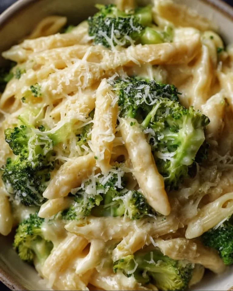 Creamy cheesy broccoli pasta in a bowl topped with grated cheese.