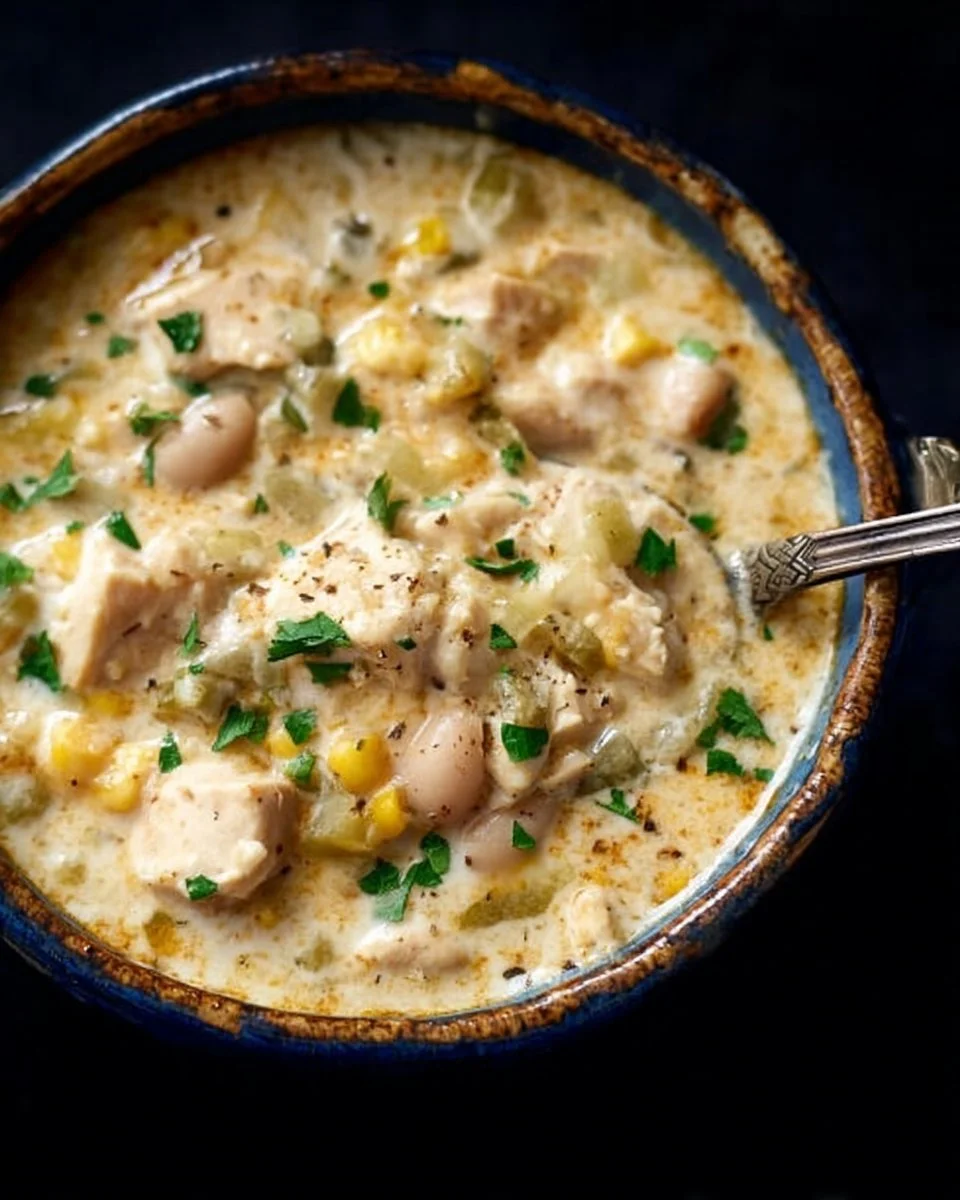 Bowl of creamy cheesy chicken white chili topped with herbs and cheese