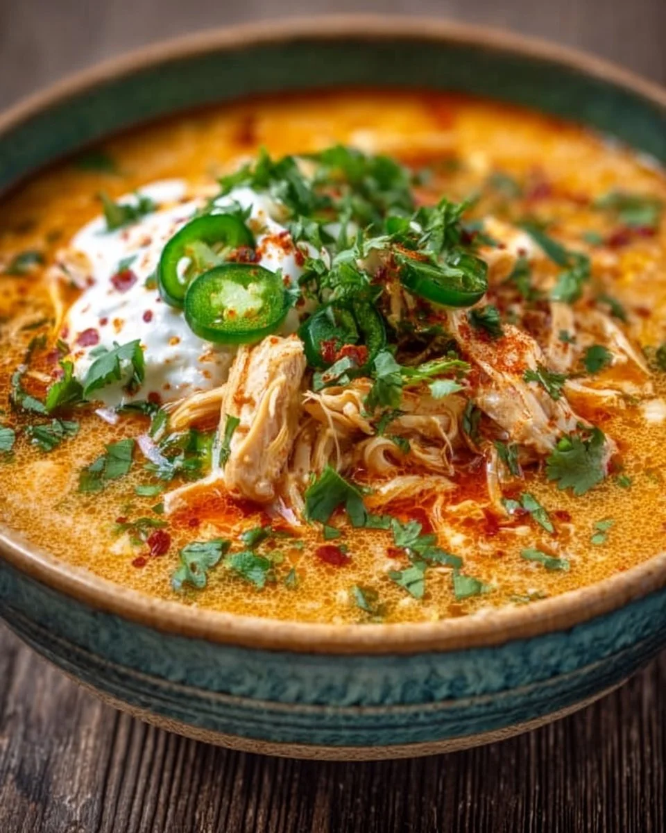 Creamy chicken enchilada soup garnished with cilantro and tortilla strips