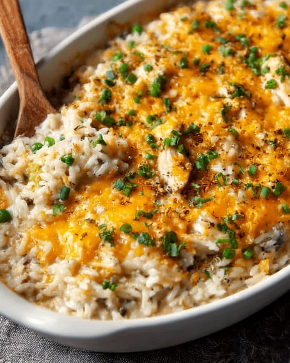 Creamy Chicken Rice Casserole served in a rustic ceramic dish