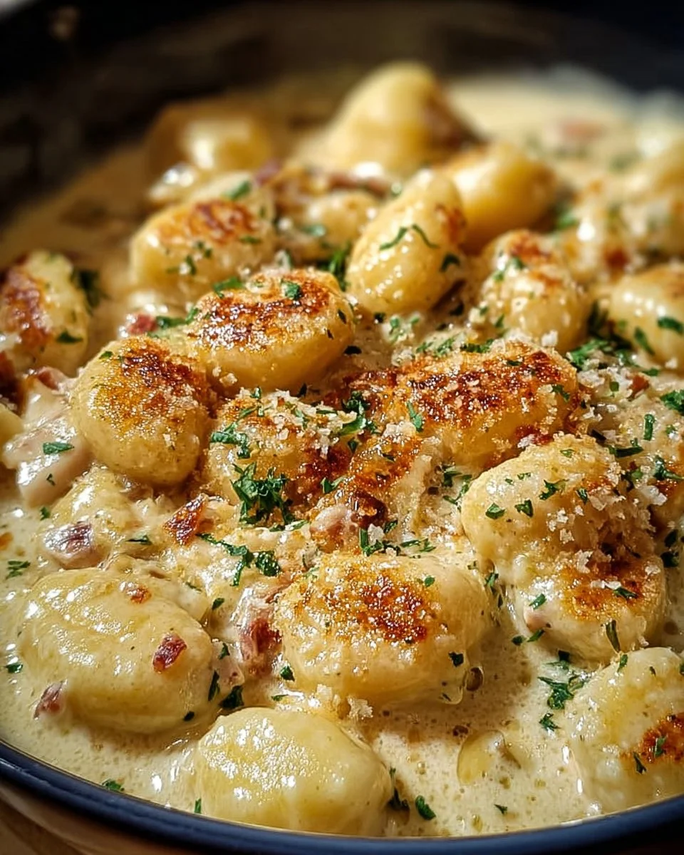 Bowl of Creamy Crack Chicken Gnocchi with herbs and a creamy sauce