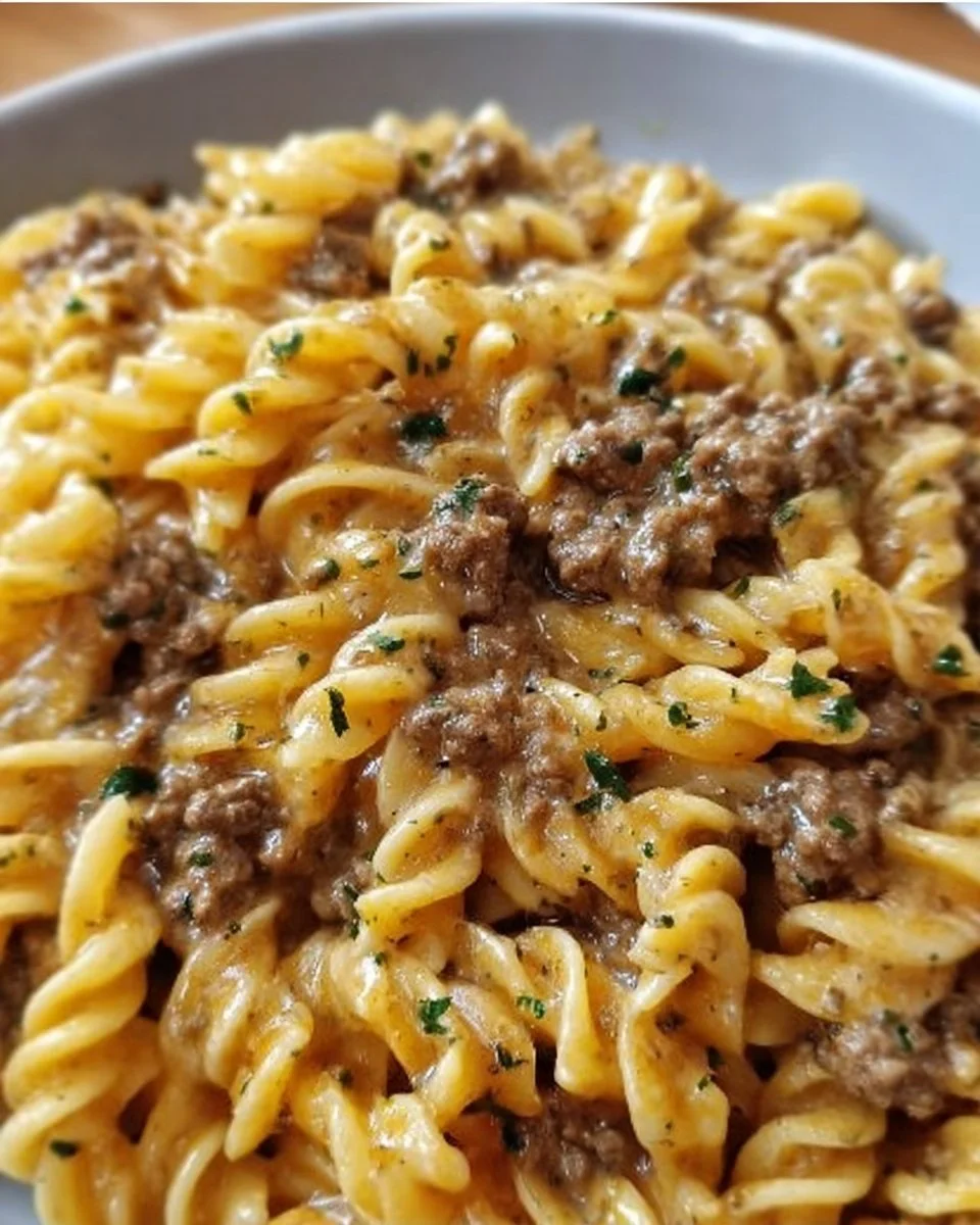 Creamy garlic butter pasta dish with ground beef on a plate