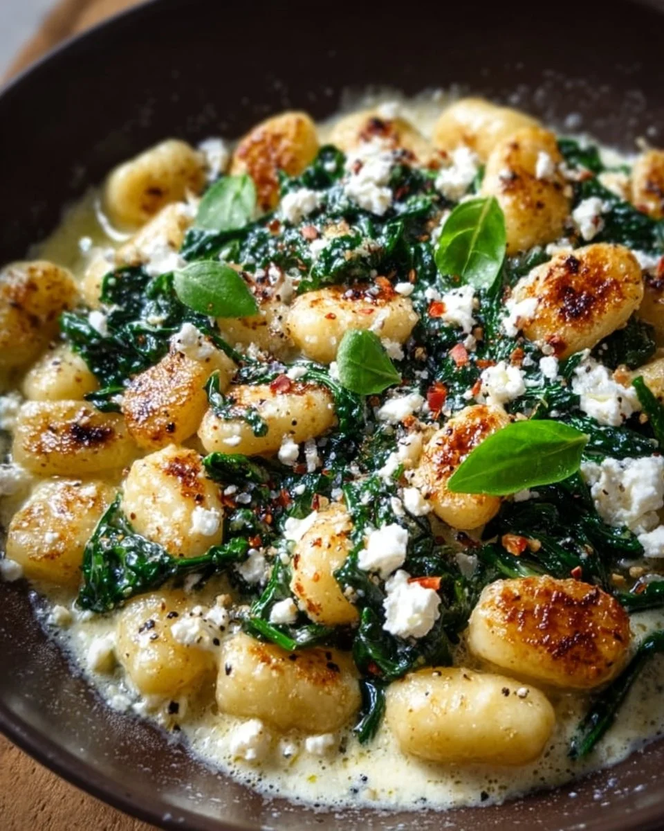 Creamy gnocchi dish with spinach and feta cheese in a bowl