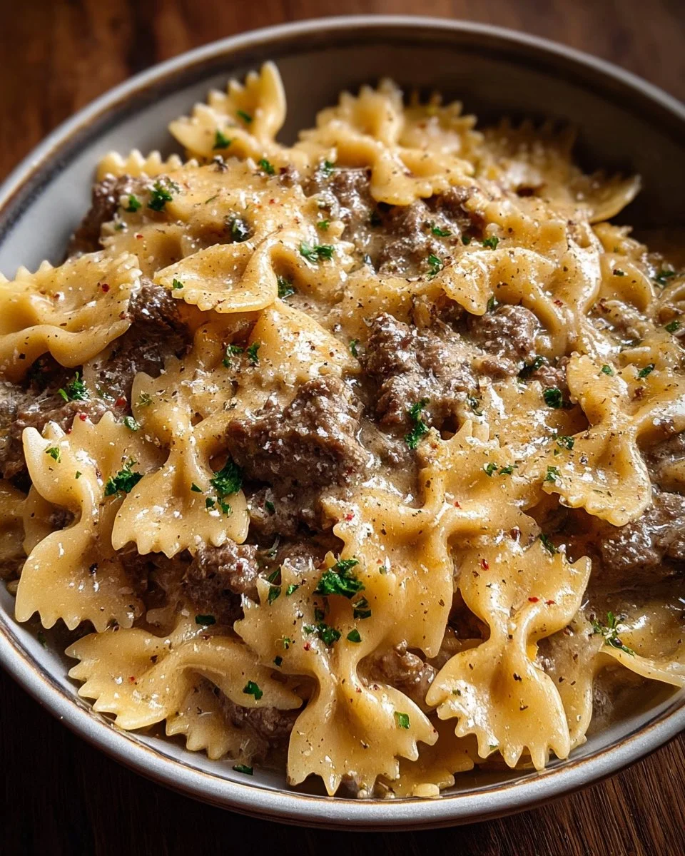Creamy Parmesan Garlic Beef Bowtie Pasta served in a bowl