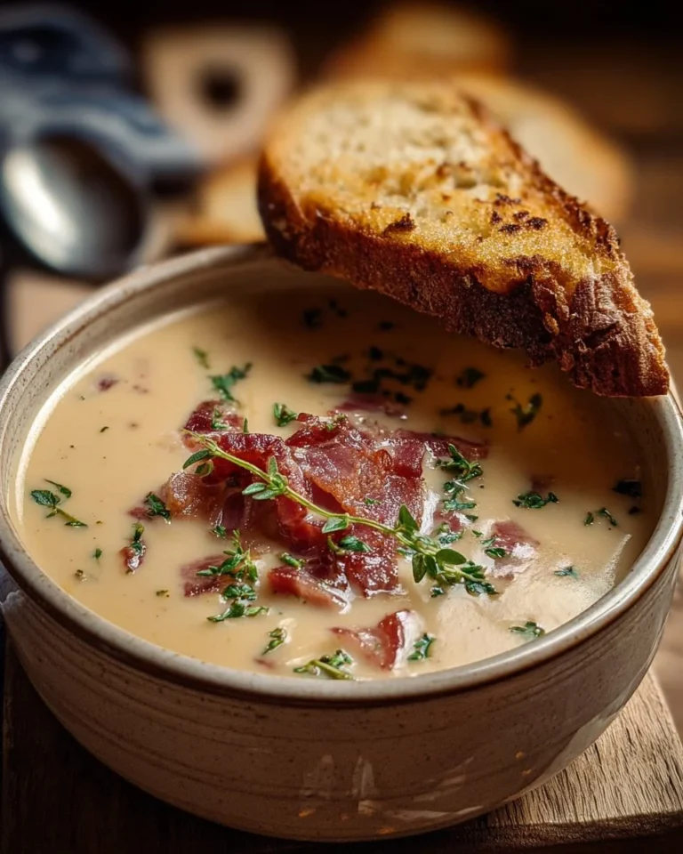 Bowl of creamy Reuben soup garnished with herbs and served with rye bread.
